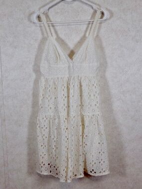 NWOT Double Zero Pleated BabyDoll Mini Dress, Lace, Lined, Cream, Cotton Size L